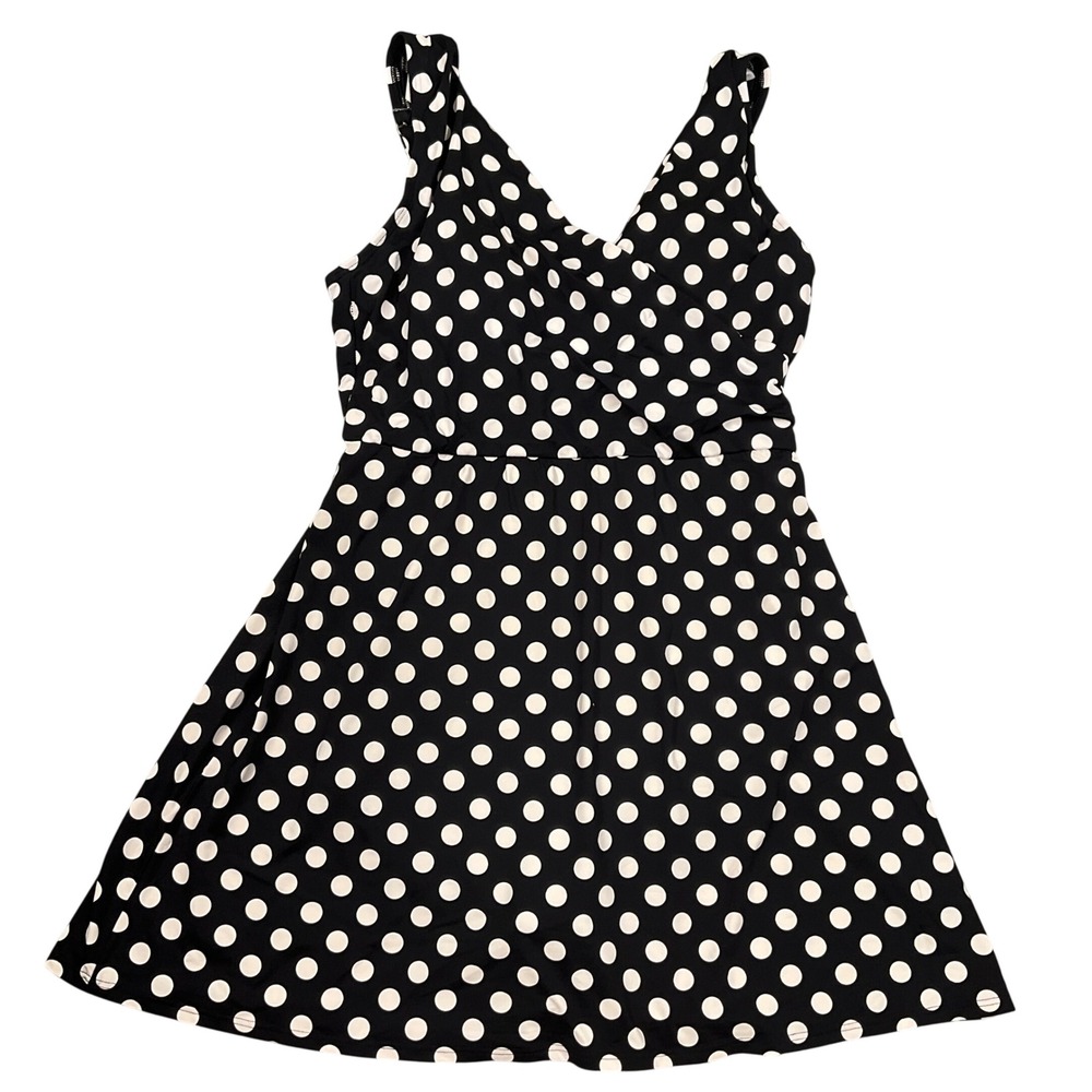 Lands End Swim Dress Womens 12 Black Polka‎ Dot 515995